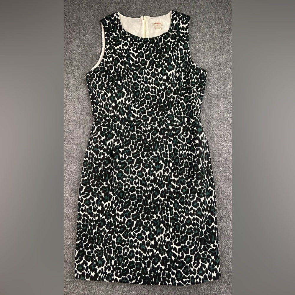 J Crew Black Green and White Leopard Sleeveless 100% Cotton Sheath Dress Size 4